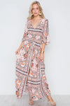 Pink Multi Print Front Slit Bell Sleeve Maxi Boho Dress /1-2-2-2-1 - Tasha Apparel Wholesale