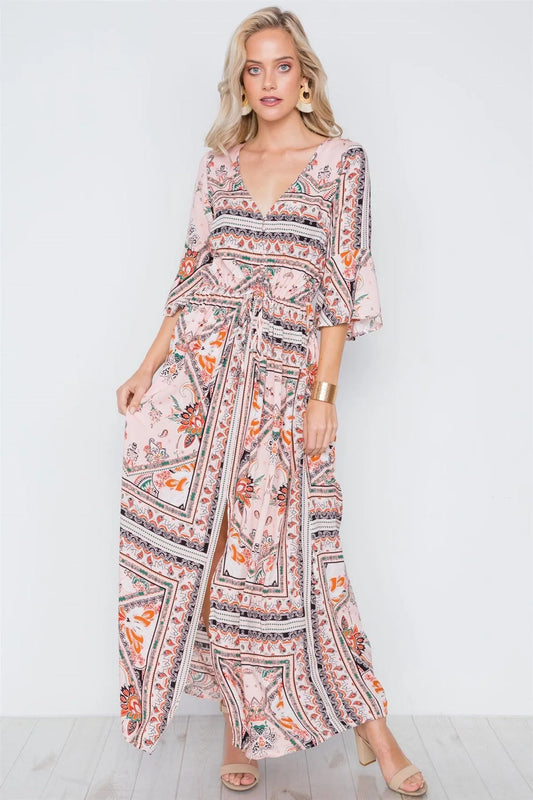Pink Multi Print Front Slit Bell Sleeve Maxi Boho Dress /1-2-2-2-1 - Tasha Apparel Wholesale