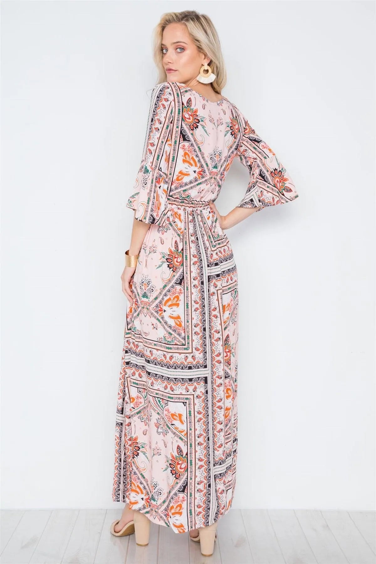 Pink Multi Print Front Slit Bell Sleeve Maxi Boho Dress /1-2-2-2-1 - Tasha Apparel Wholesale