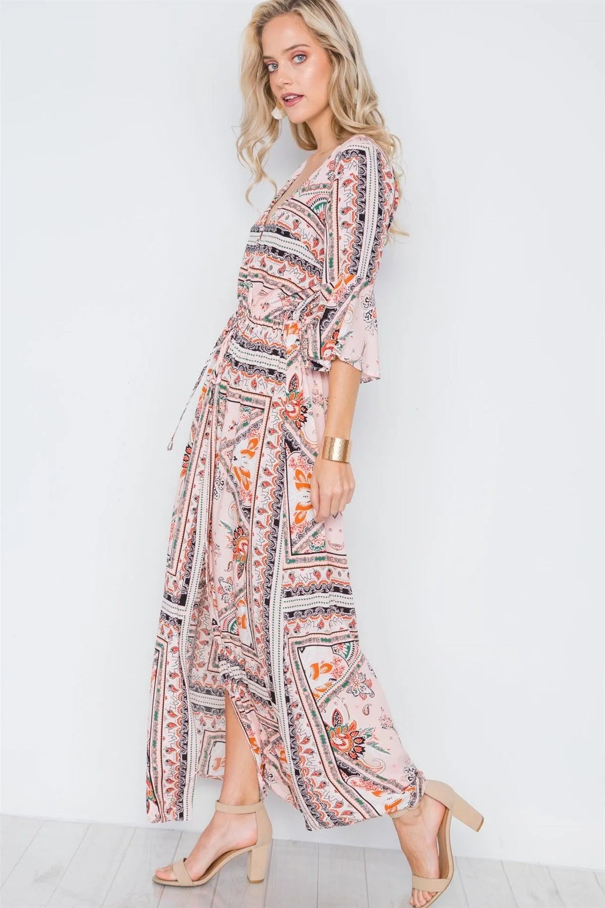 Pink Multi Print Front Slit Bell Sleeve Maxi Boho Dress /1-2-2-2-1 - Tasha Apparel Wholesale