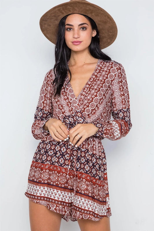 Brown Surplice Long Sleeve Boho Romper /1-3-2-1 - Tasha Apparel Wholesale