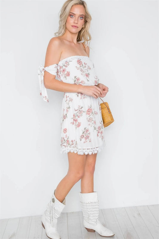 White Floral Self Tie Sleeves Mini Dress /1-2-2-1 - Tasha Apparel Wholesale
