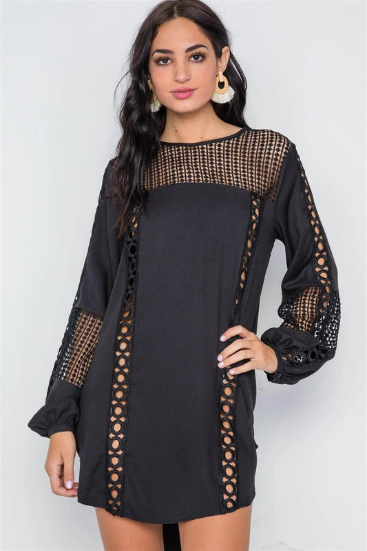 Black Crochet Trim Long Sleeve Tunic Dress /3-2-1 - Tasha Apparel Wholesale