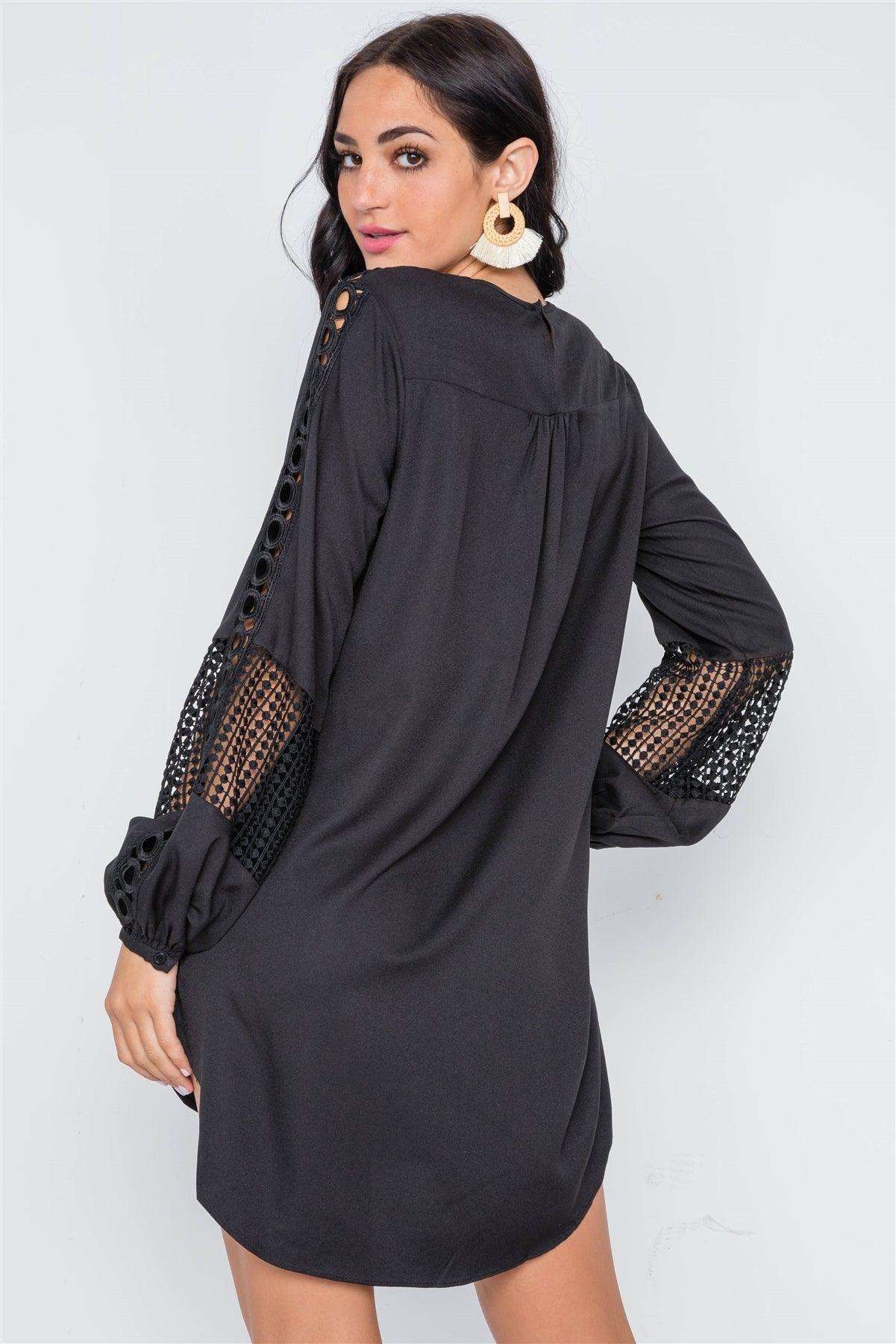 Black Crochet Trim Long Sleeve Tunic Dress