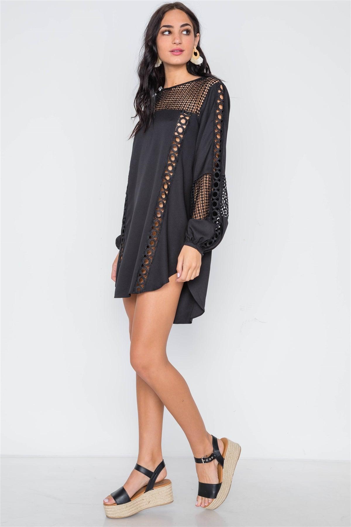 Black Crochet Trim Long Sleeve Tunic Dress