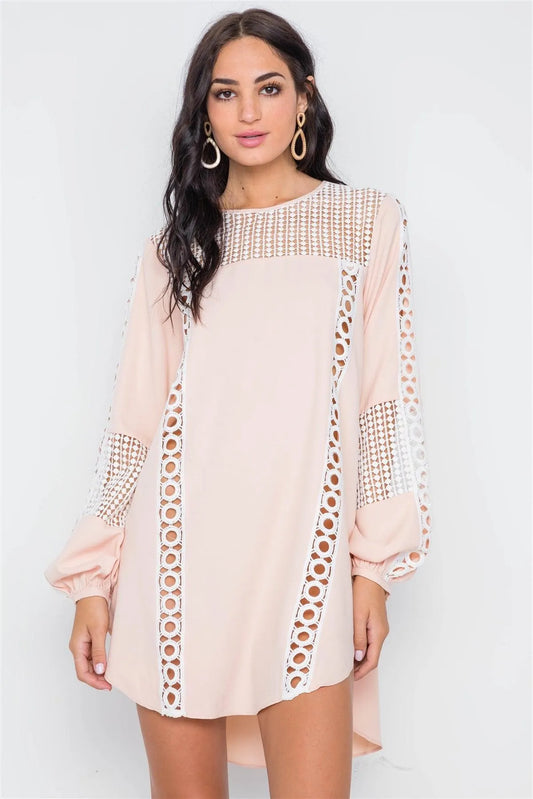 Nude Pink Crochet Trim Long Sleeve Tunic Dress /3-2-1 - Tasha Apparel Wholesale