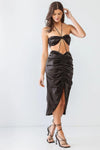 Black Satin Bow Crop Top & High Waist Ruched Midi Skirt With Criss-Cross Strap Set /3-2-1 - Tasha Apparel Wholesale