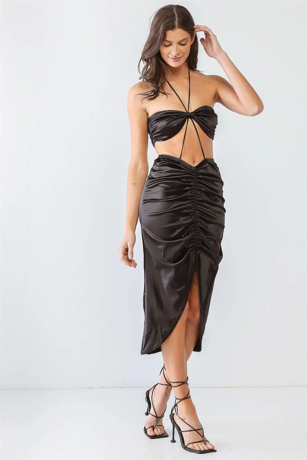 Black Satin Bow Crop Top & High Waist Ruched Midi Skirt With Criss-Cross Strap Set /3-2-1 - Tasha Apparel Wholesale