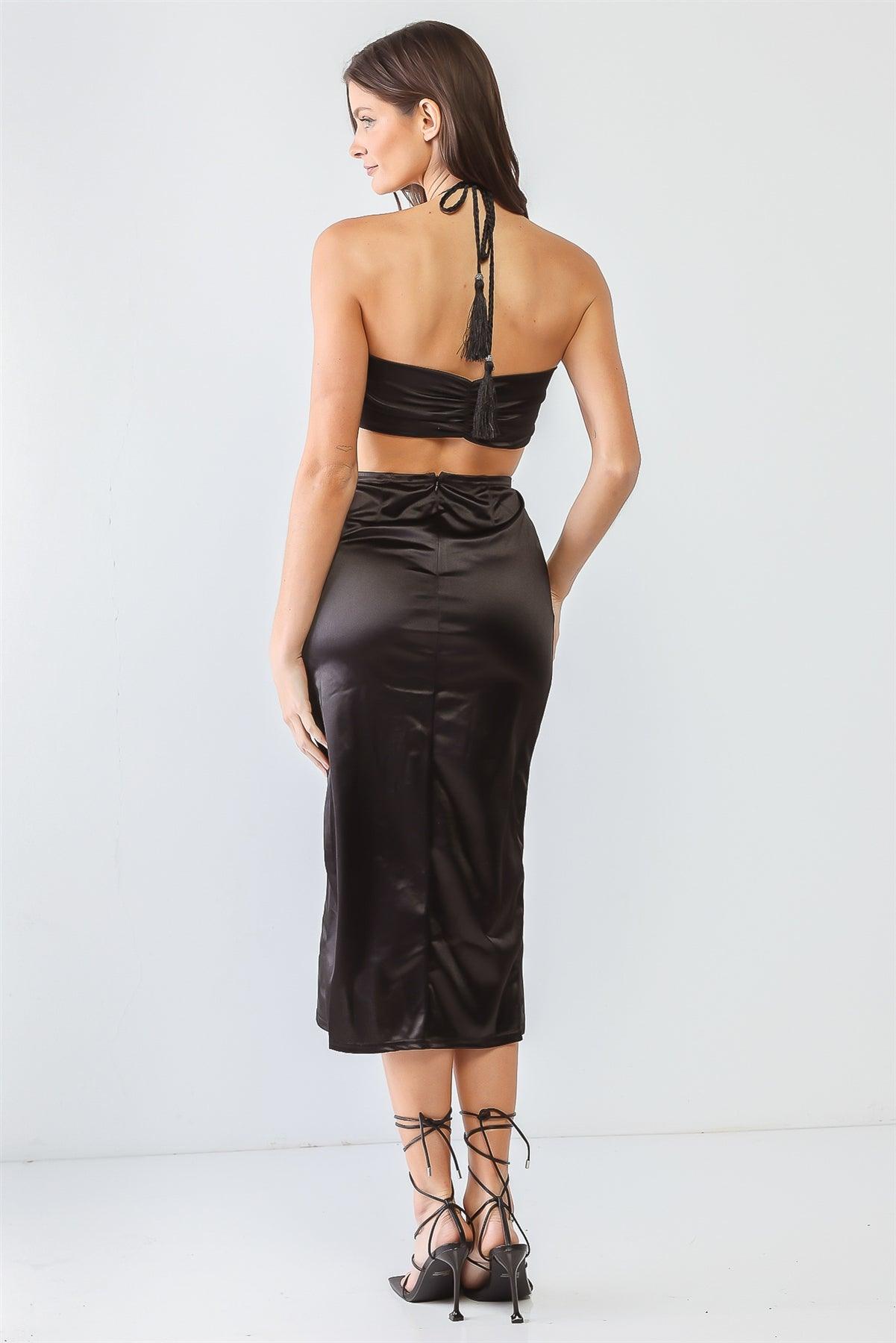 Black Satin Bow Crop Top & High Waist Ruched Midi Skirt With Criss-Cross Strap Set /3-2-1