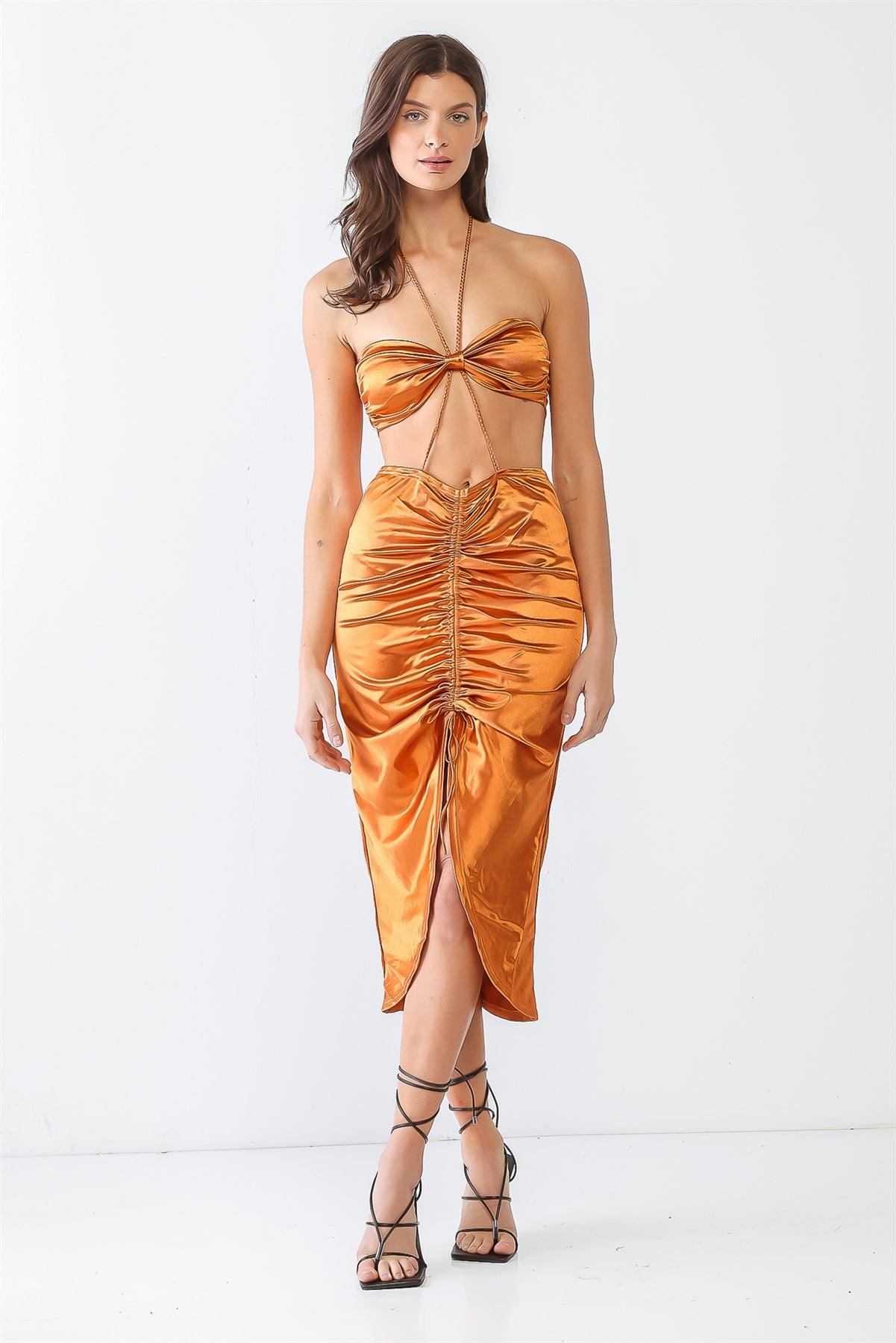 Copper Satin Bow Crop Top & High Waist Ruched Midi Skirt With Criss-Cross Strap Set /3-2-1