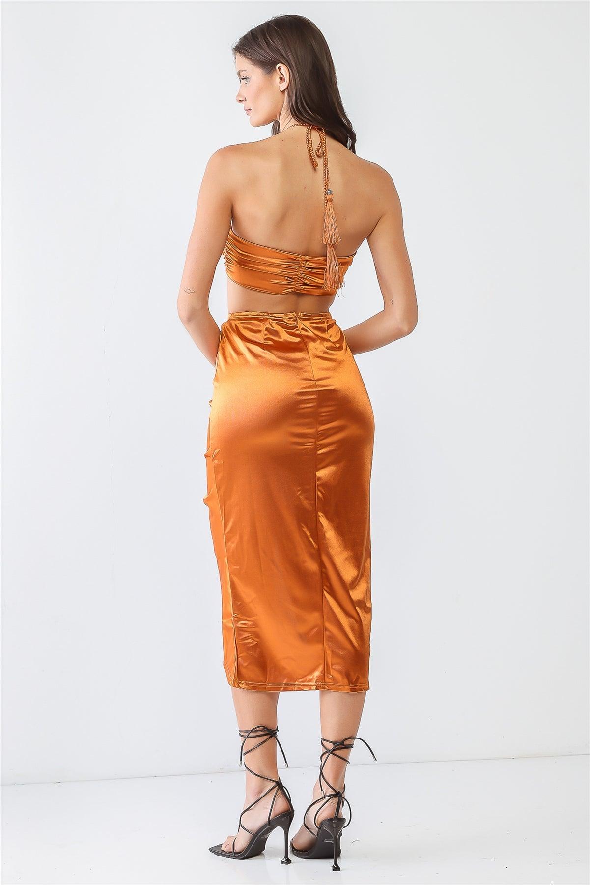 Copper Satin Bow Crop Top & High Waist Ruched Midi Skirt With Criss-Cross Strap Set /3-2-1