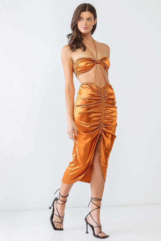 Copper Satin Bow Crop Top & High Waist Ruched Midi Skirt With Criss-Cross Strap Set /4-2-1 - Tasha Apparel Wholesale