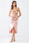 Pink Satin Bow Crop Top & High Waist Ruched Midi Skirt With Criss-Cross Strap Set /3-2-1