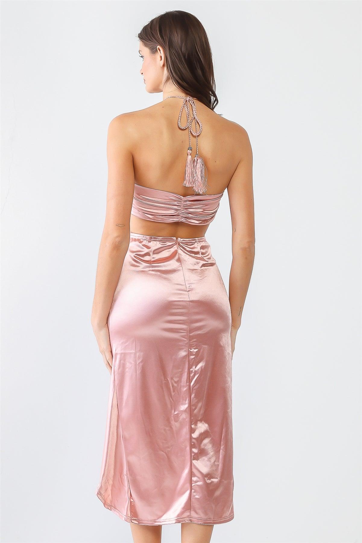 Pink Satin Bow Crop Top & High Waist Ruched Midi Skirt With Criss-Cross Strap Set /3-2-1