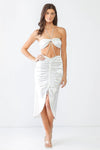 White Satin Bow Crop Top & High Waist Ruched Midi Skirt With Criss-Cross Strap Set /3-2-1 - Tasha Apparel Wholesale