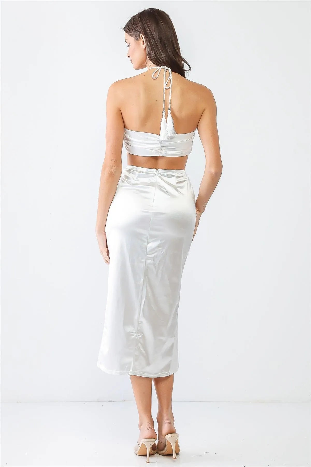 White Satin Bow Crop Top & High Waist Ruched Midi Skirt With Criss-Cross Strap Set /3-2-1 - Tasha Apparel Wholesale