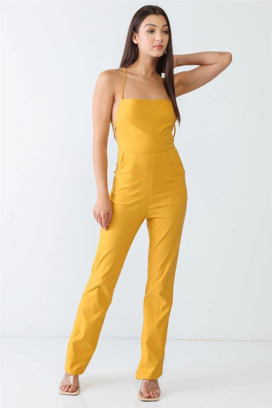 Yellow Elasticized Sleeveless Back Lace Down Jumpsuit /2-2-1 - Tasha Apparel Wholesale