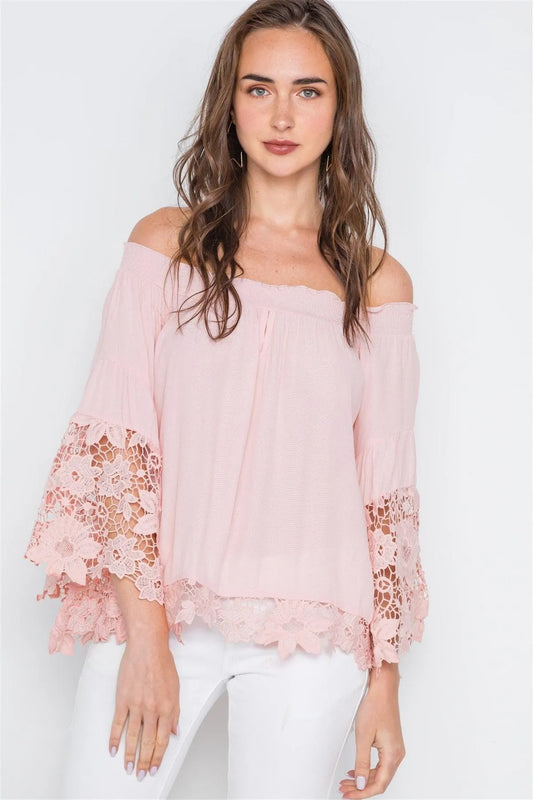 Pink Off-The Shoulder Crochet Bell Sleeve Top /2-2-2 - Tasha Apparel Wholesale