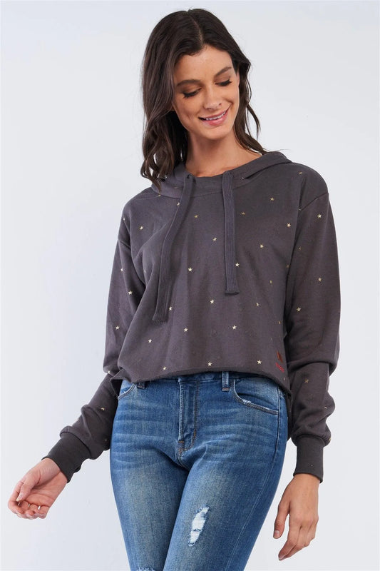 Starlight Charcoal Grey Long Sleeve Star Print Hi-Lo Burnout Hoodie /1-3-3-1 - Tasha Apparel Wholesale