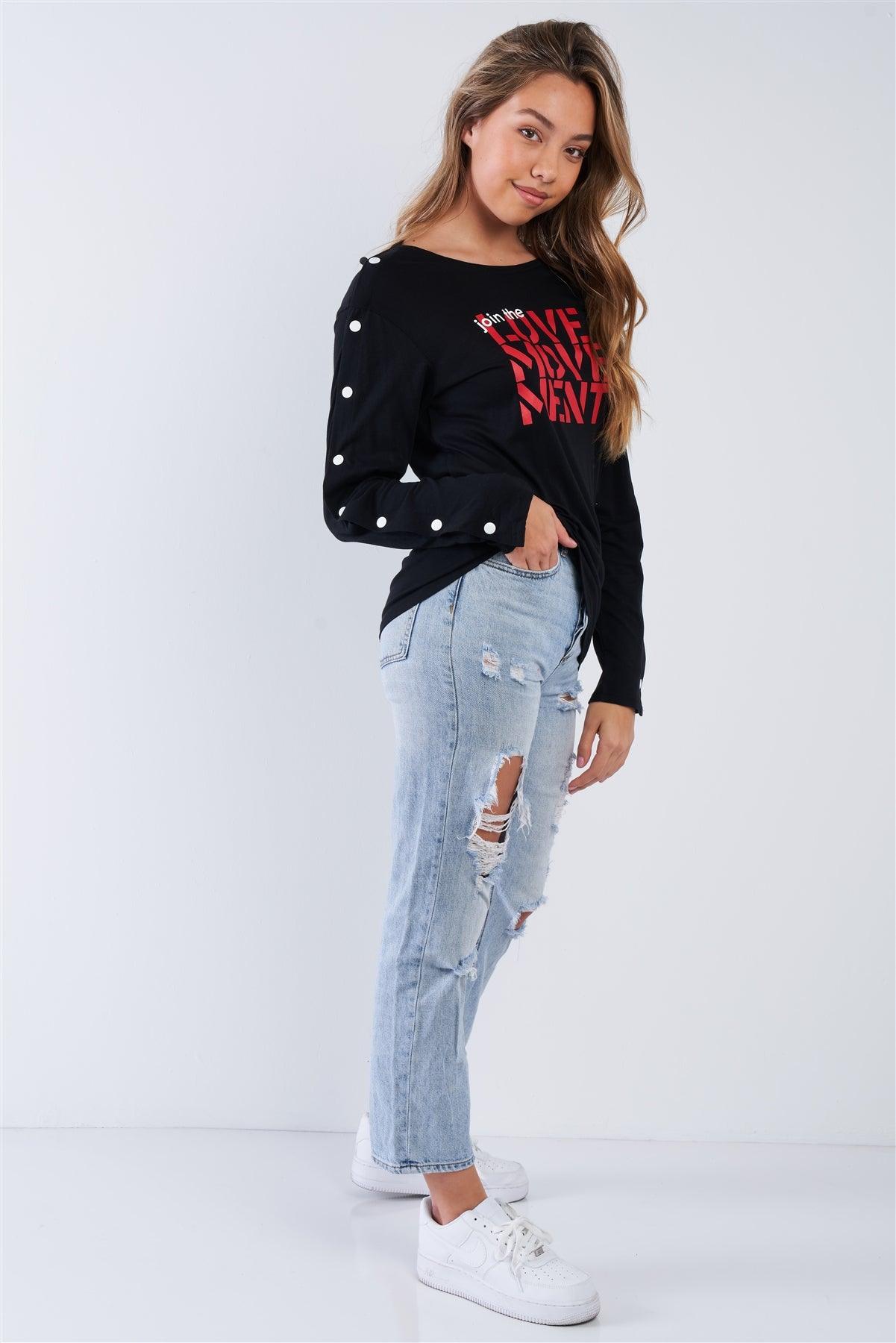Black Long Sleeve "Join The Love Movement" Crew Neck Shoulder Snap Detail Top
