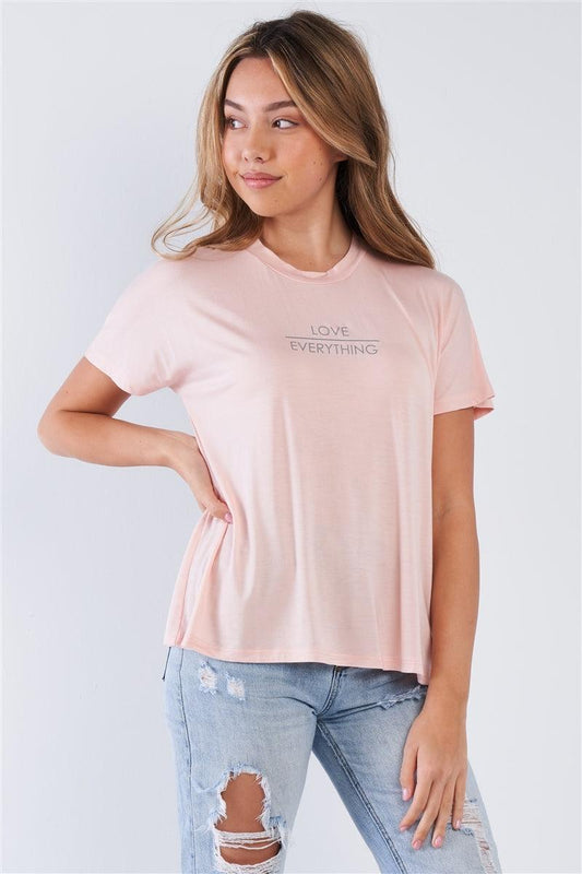 Pale Blush Casual Short Sleeve "LOVE EVERYTHING" Crew Neck Top - Tasha Apparel Wholesale