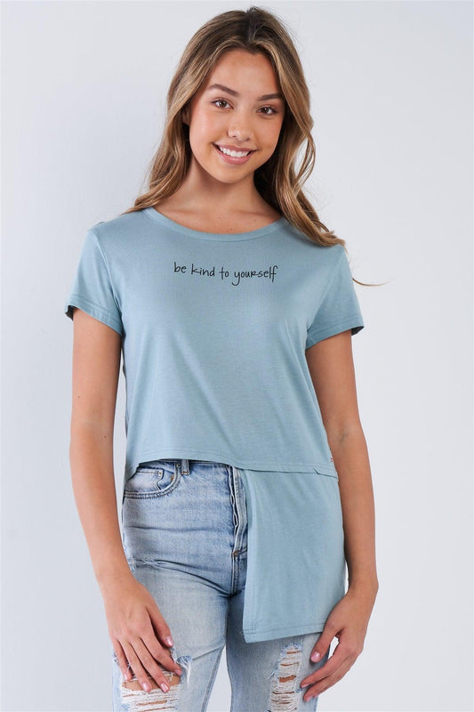 Blue Crew Neck Hi-lo Hem "Be Kind To Yourself" T-Shirt - Tasha Apparel Wholesale