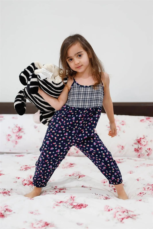 Toddler Girls Navy Floral & Plaid Print Back Button Up Detail Sleeveless Jumpsuit /2-2-2 - Tasha Apparel Wholesale