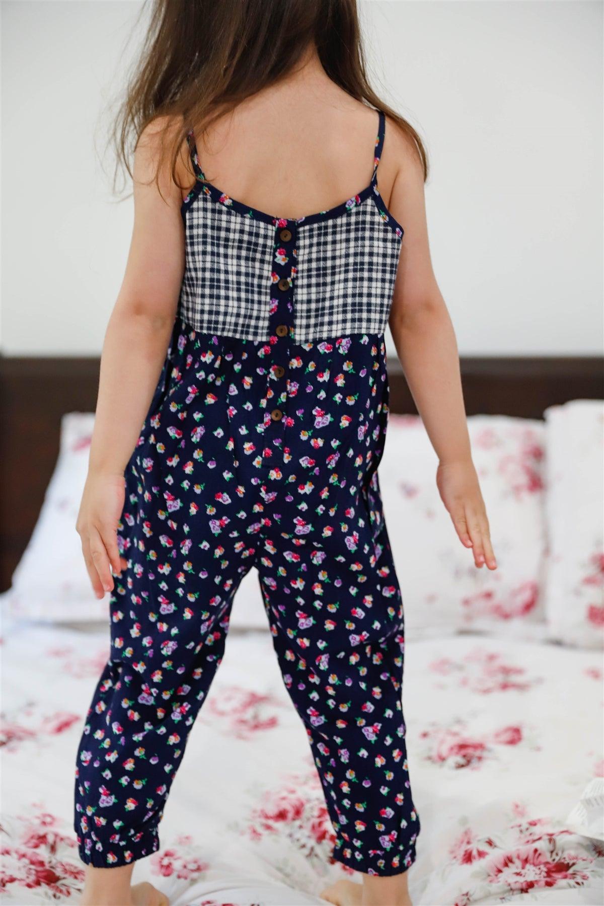 Toddler Girls Navy Floral & Plaid Print Back Button Up Detail Sleeveless Jumpsuit /2-2-2