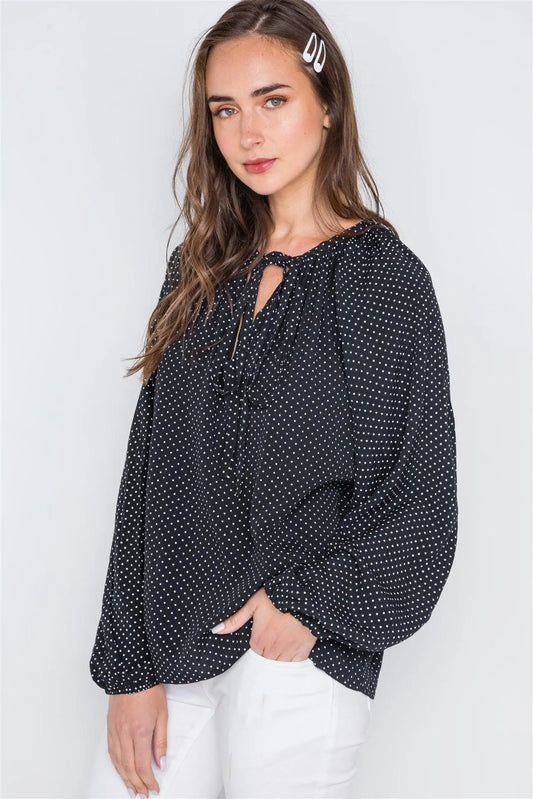 Polka Dot Black White Long Sleeve Self Tie Top /2-2-2 - Tasha Apparel Wholesale