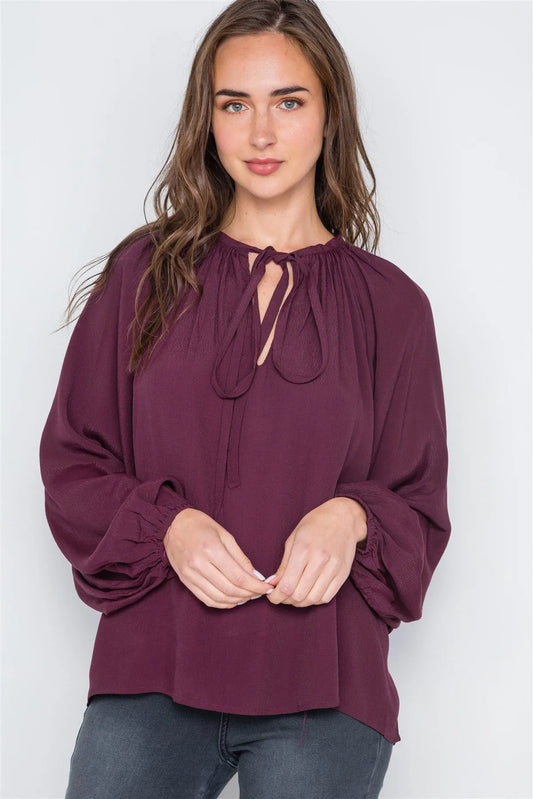 Burgundy Solid Long Sleeve Self Tie Top /2-2-2 - Tasha Apparel Wholesale