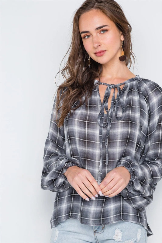 Plaid Black White Long Sleeve Self Tie Top /2-2-2 - Tasha Apparel Wholesale