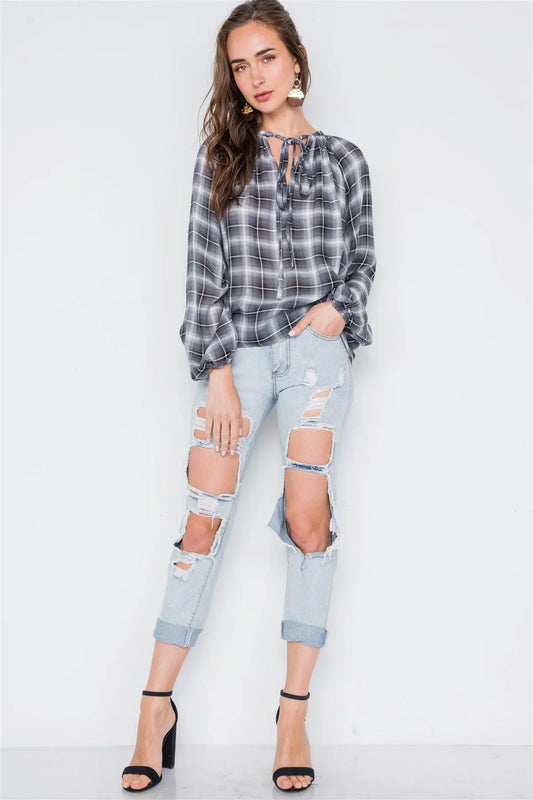 Plaid Black White Long Sleeve Self Tie Top /1-2-3 - Tasha Apparel Wholesale