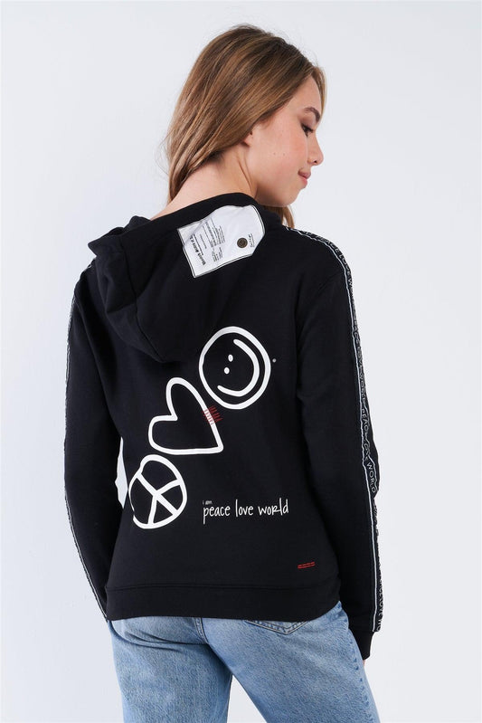 Black Long Sleeve "Peace Love World" Graphic Zip Up Casual Hoodie - Tasha Apparel Wholesale