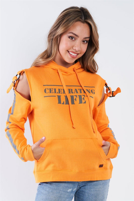 Orange Long Sleeve Adjustable Buckle Cold Shoulder "Celebrating Life" Hoodie - Tasha Apparel Wholesale