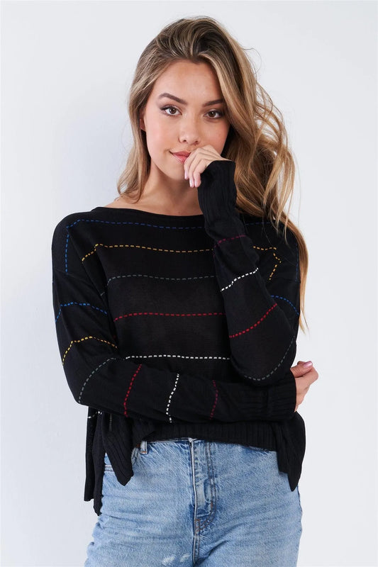 Black Colorblock Scoop Neck Long Sleeve Knit Sweater - Tasha Apparel Wholesale