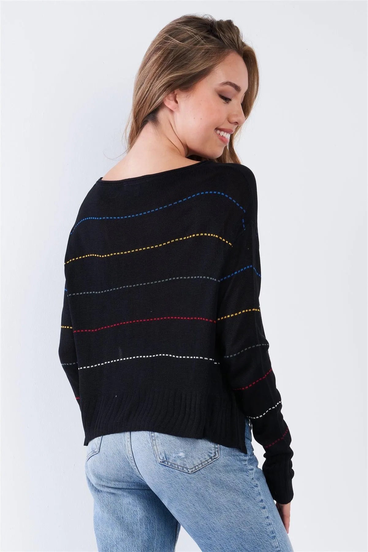 Black Colorblock Scoop Neck Long Sleeve Knit Sweater - Tasha Apparel Wholesale