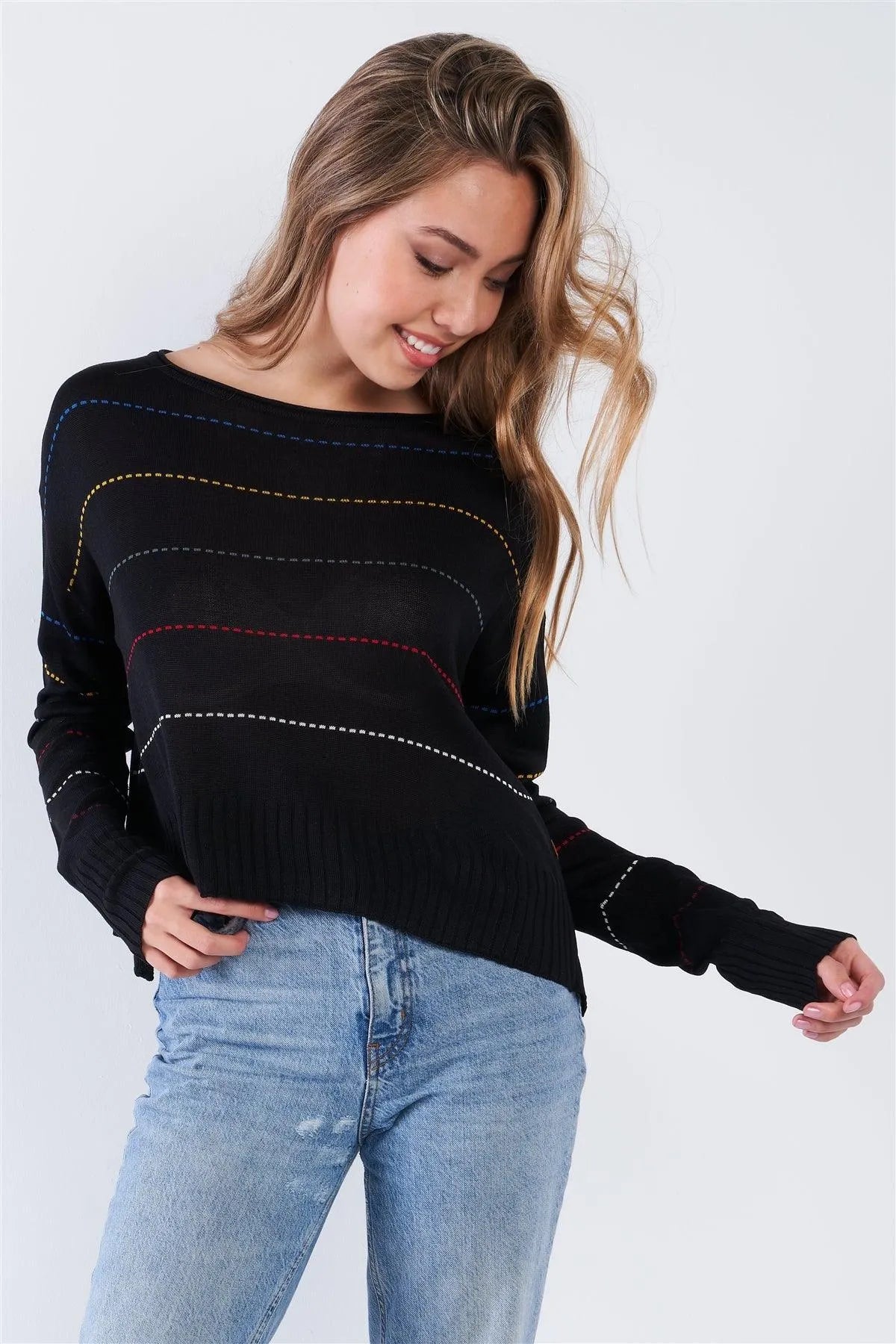 Black Colorblock Scoop Neck Long Sleeve Knit Sweater - Tasha Apparel Wholesale