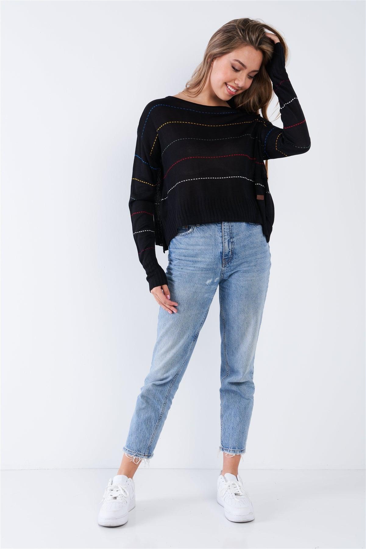 Black Colorblock Scoop Neck Long Sleeve Knit Sweater