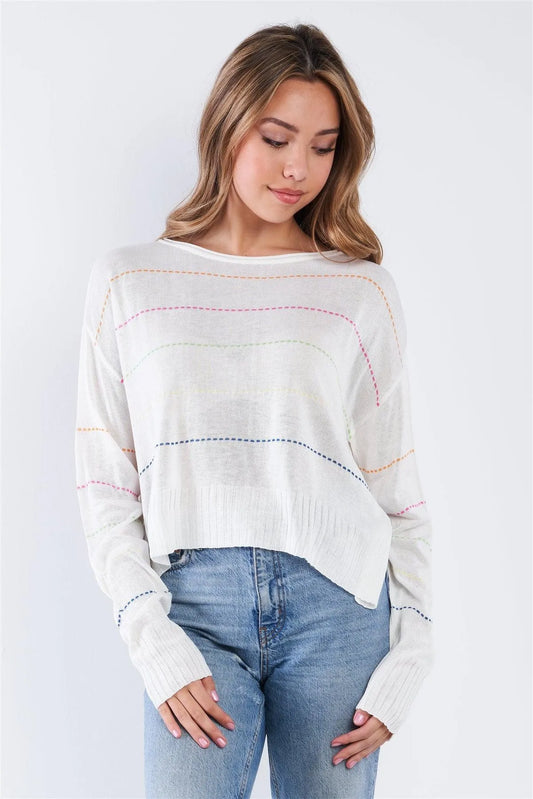 Natural Colorblock Scoop Neck Long Sleeve Knit Top - Tasha Apparel Wholesale