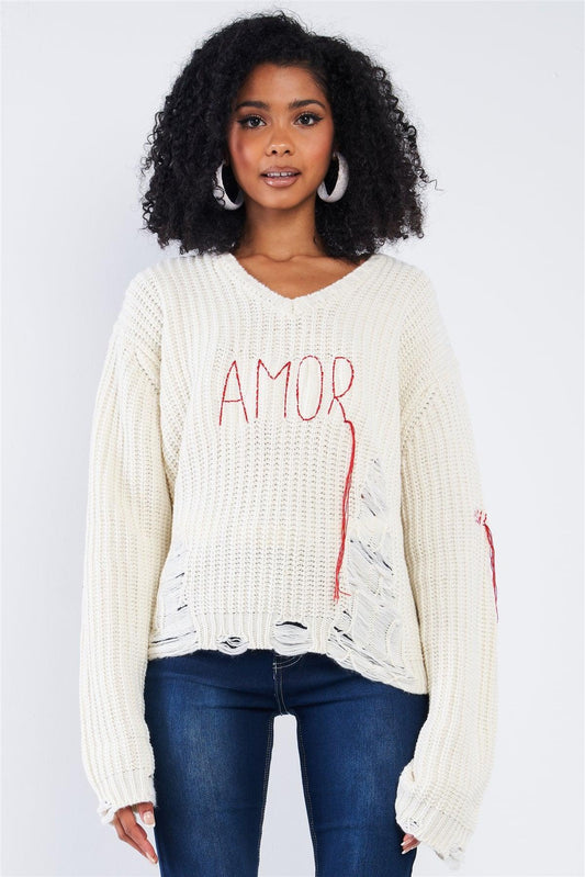 Natural "Amor" V-Neck Distressed Dolman Sleeve Knit Sweater /1-3-3-1 - Tasha Apparel Wholesale