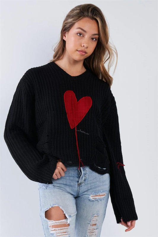 Black Over Size Fit Embroidered Heart Distressed Sweater - Tasha Apparel Wholesale