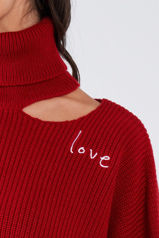 Fire Red "LOVE" Graphic Oversized Dolman Sleeve Shoulder Cutout Loose Fit Turtleneck Sweater /2-2-2-2 - Tasha Apparel Wholesale