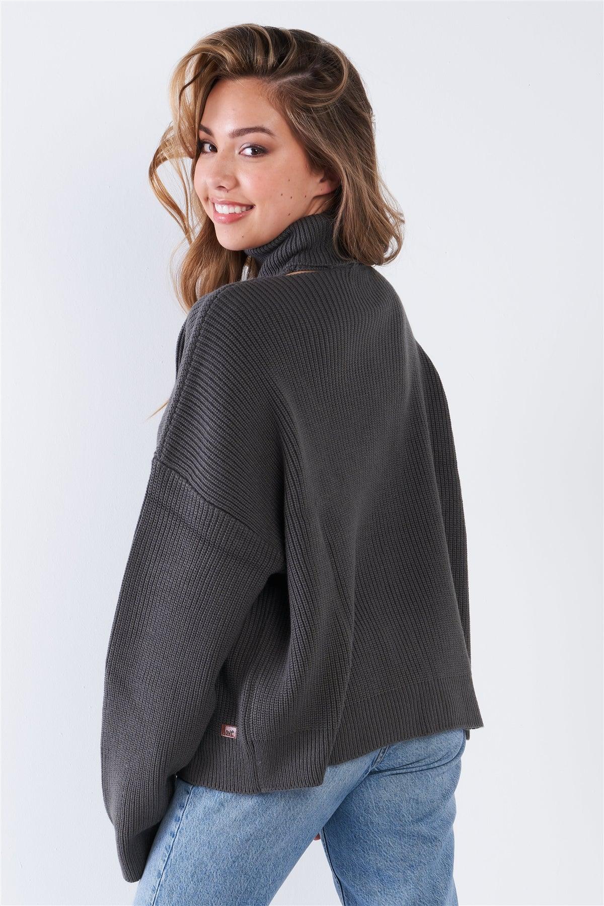 Charcoal Heather Turtleneck Oversized Dolman Sleeves Knit Sweater