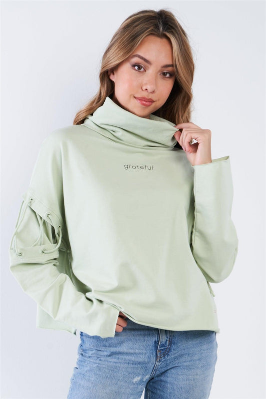 Mint Turtleneck Lace Up Batwing Sleeve "GRATEFUL" Loose Fit Sweater - Tasha Apparel Wholesale