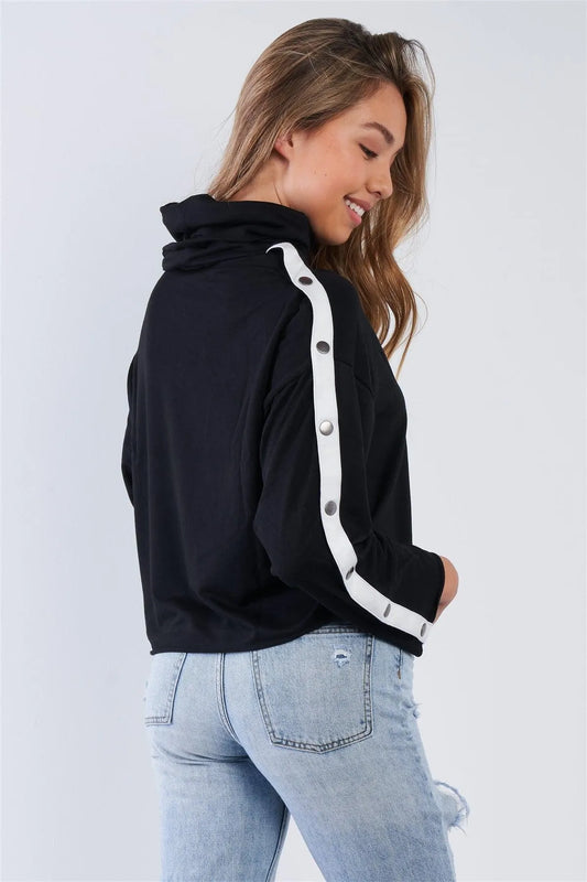 Black Long Sleeve Turtle Neck Shoulder Snap Detail Top /2-2-1-2 - Tasha Apparel Wholesale