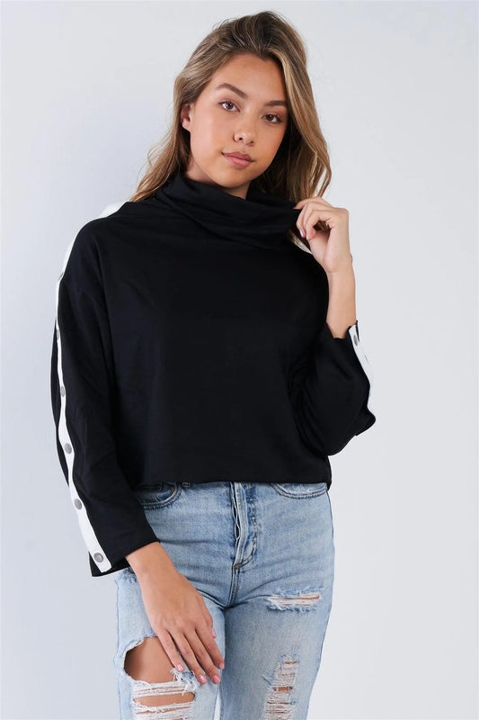 Black Long Sleeve Turtle Neck Shoulder Snap Sweater - Tasha Apparel Wholesale