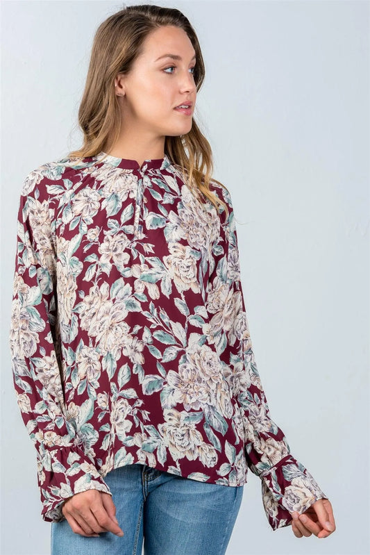 Burgundy Floral Print Front Keyhole Top / 2-2-2 - Tasha Apparel Wholesale