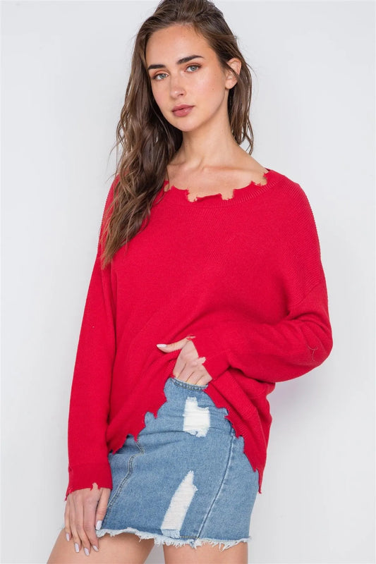 Tomato Red Distressed Pullover lightweight sweater / 3-2-1 - Tasha Apparel Wholesale