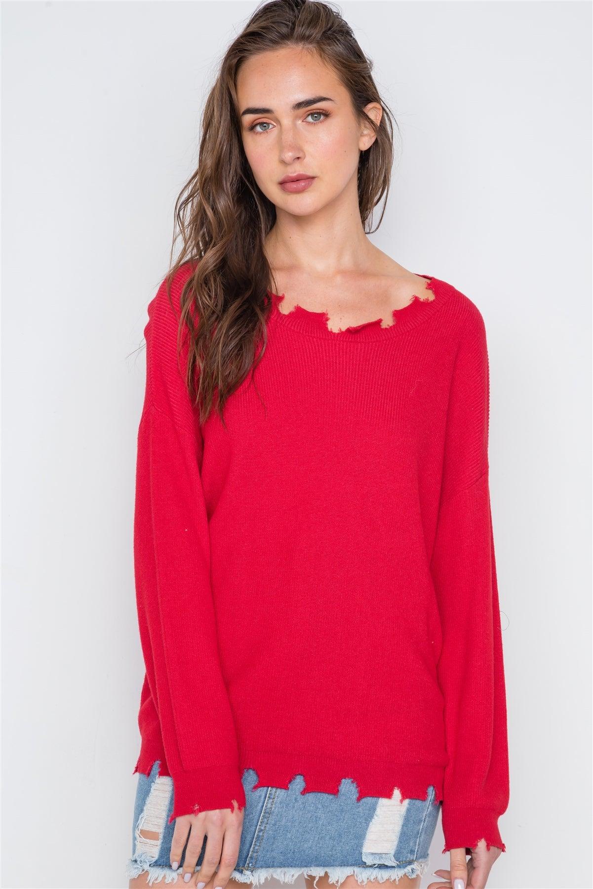 Tomato Red Distressed Pullover lightweight sweater / 3-2-1