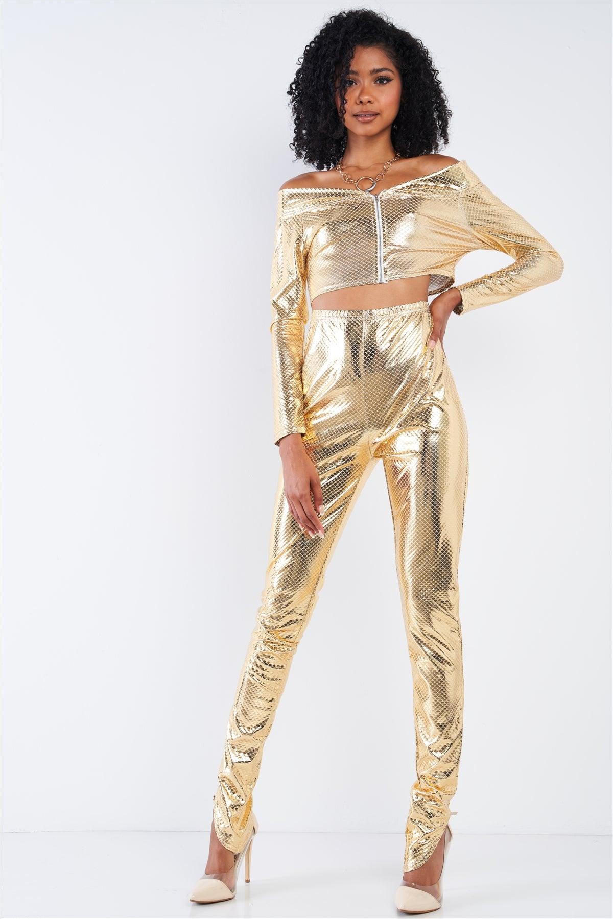 Metallic Gold Small Scales Print Long Sleeve Off-The-Shoulder Cropped Top And High Waist Slim Fit Legging Set /4-2